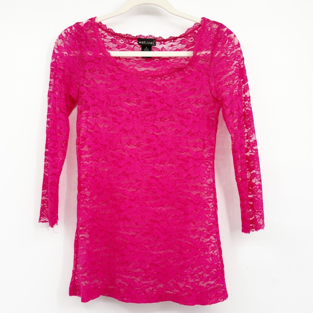 Wet Seal Womens Hot Pink Floral‎ Sheer Lace Y2K Indie Sleaze 3/4 Sleeve Top M